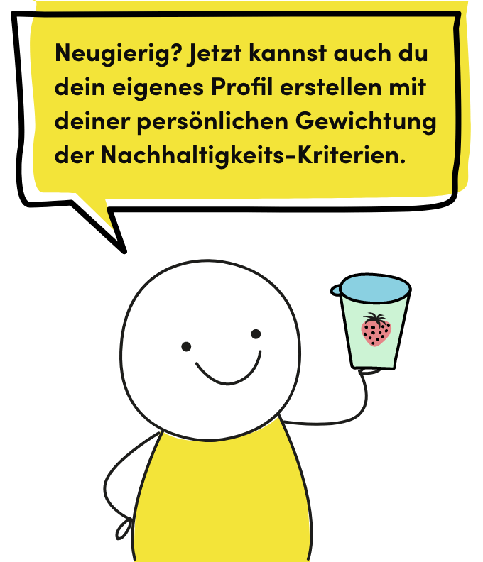 Eigenes Profil erstellen Neugierig? Jetzt kannst auch du dein eigenes Profil erstellen mit deiner persönlichen Gewichtung der Nachhaltigkeits-Kriterien.
